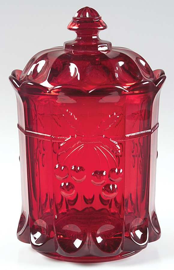 Cherry Thumbprint Ruby Tobacco Jar & Lid by Mosser (Ohio)-1