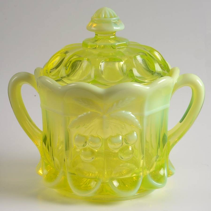 Cherry Thumbprint Vaseline Opal Cookie Jar & Lid by Mosser (Ohio)-1
