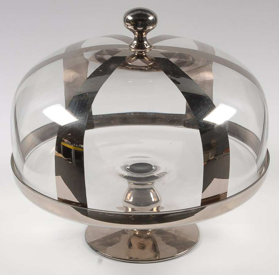 Vertical Stripes Parisian Platinum 11" Pedestal Cake Stand & Dome by Marc Blackwell Glass-1