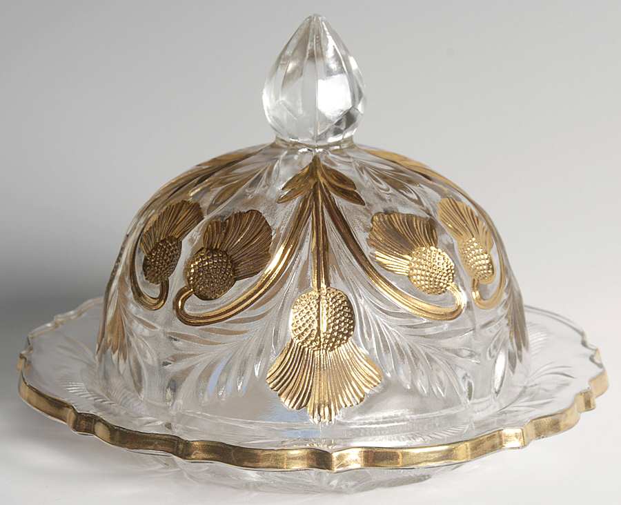 Inverted Thistle Gold Round Covered Butter by Mosser (Ohio)-1