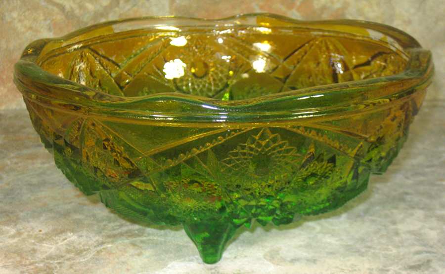 Toltec Yellow Green 7" 3-Toed Footed Bowl by McKee-1