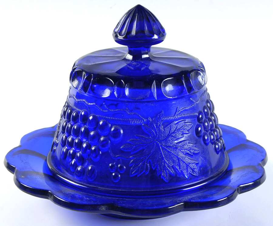 Grape and Cable Cobalt Blue Round Covered Butter by Mosser (Ohio)-1