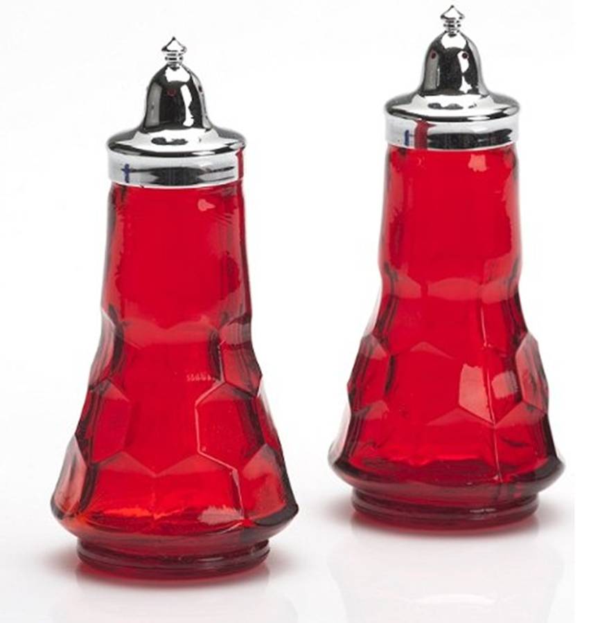 Georgian Ruby Red Shaker Set w/Metal Lids by Mosser (Ohio)-1