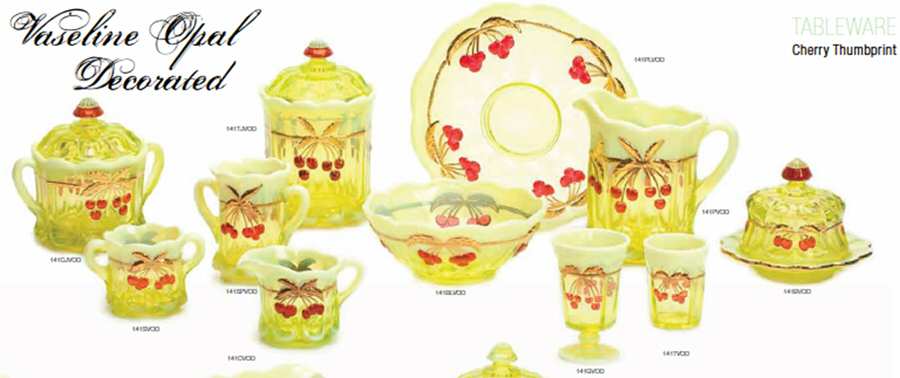 Cherry Thumbprint Vaseline Opal Decorated Iced Tea by Mosser (Ohio)-1