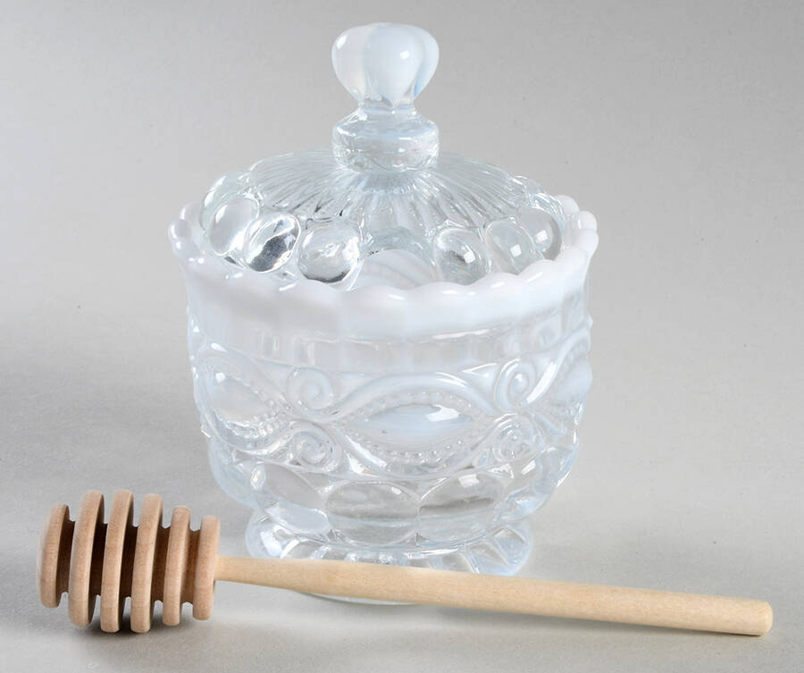 Eye Winker Crystal Opal Honey Jar & Lid with Wood Spoon/Dipper by Mosser (Ohio)-1