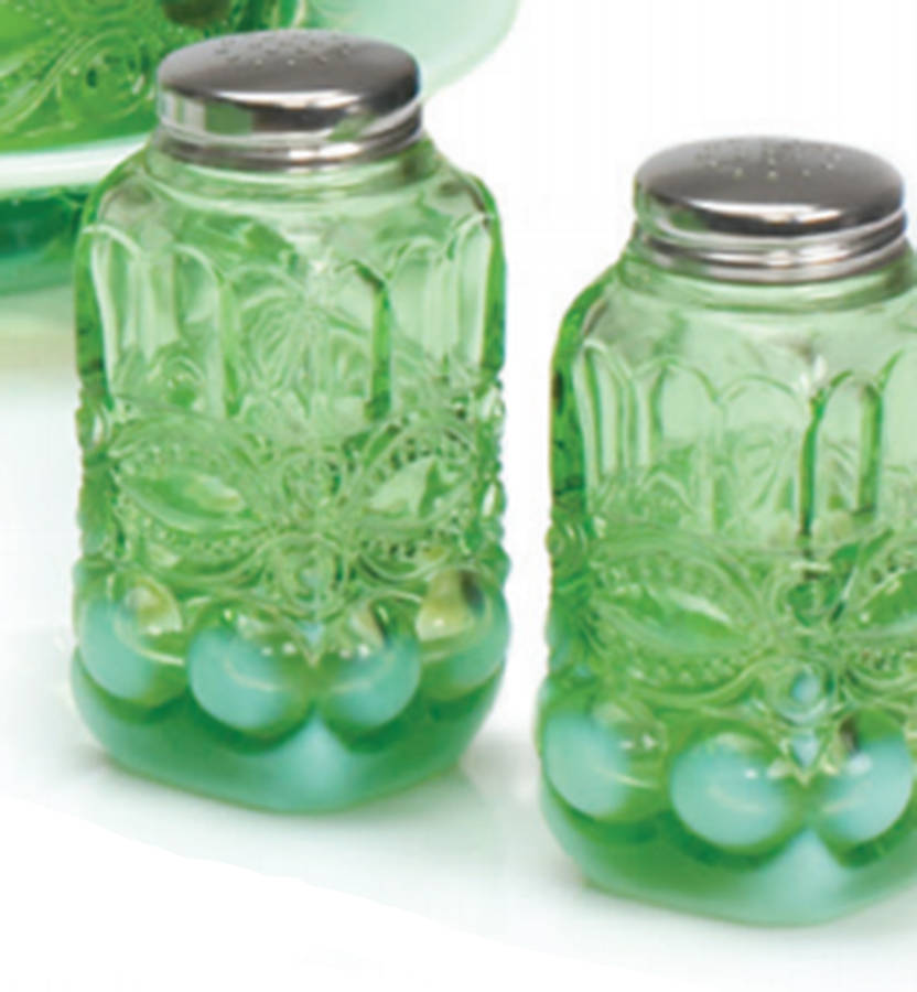 Eye Winker Green Opal Shaker Set w/Metal Lids by Mosser (Ohio)-1