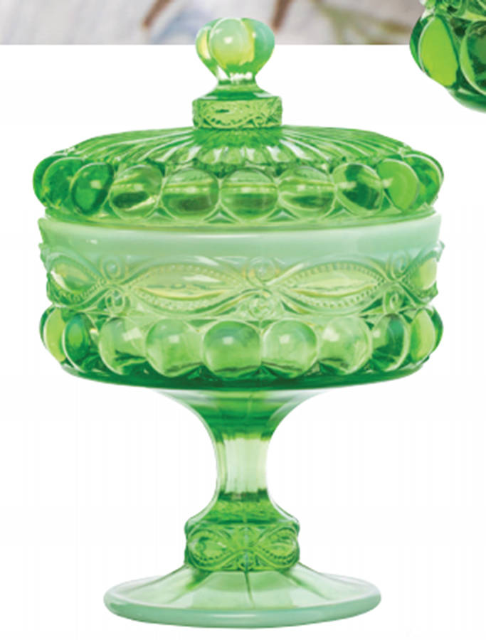 Eye Winker Green Opal 7" Compote & Lid by Mosser (Ohio)-1