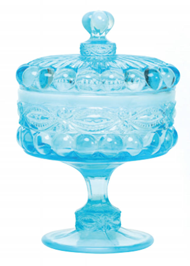 Eye Winker Aqua Opal 7" Compote & Lid by Mosser (Ohio)-1