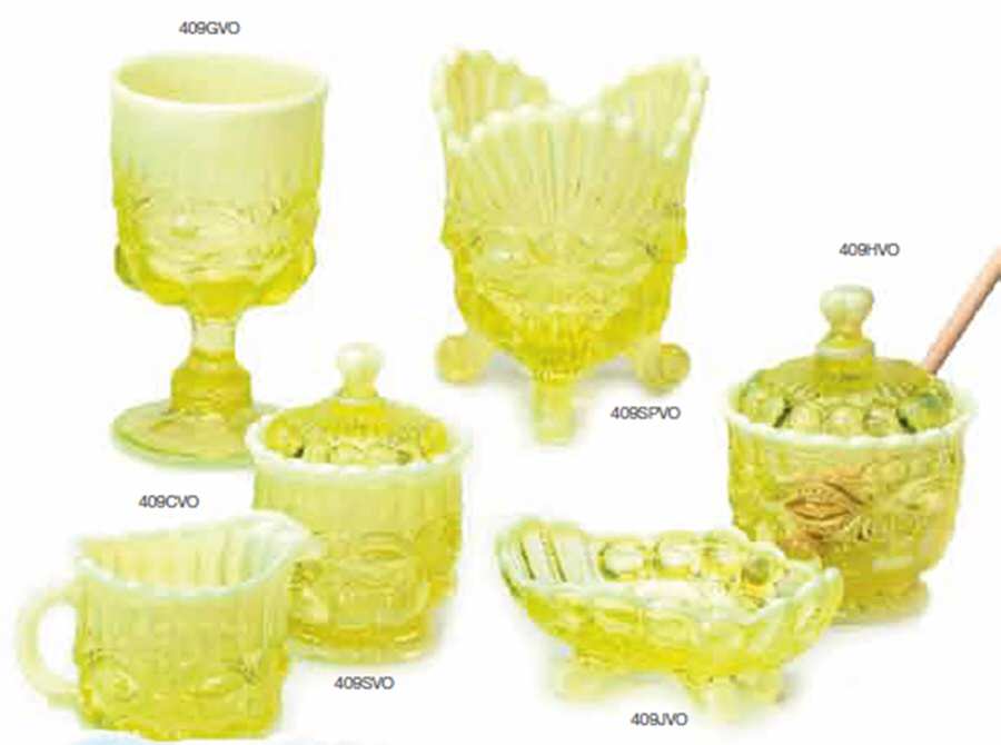 Eye Winker Vaseline Opal Water Goblet by Mosser (Ohio)-1