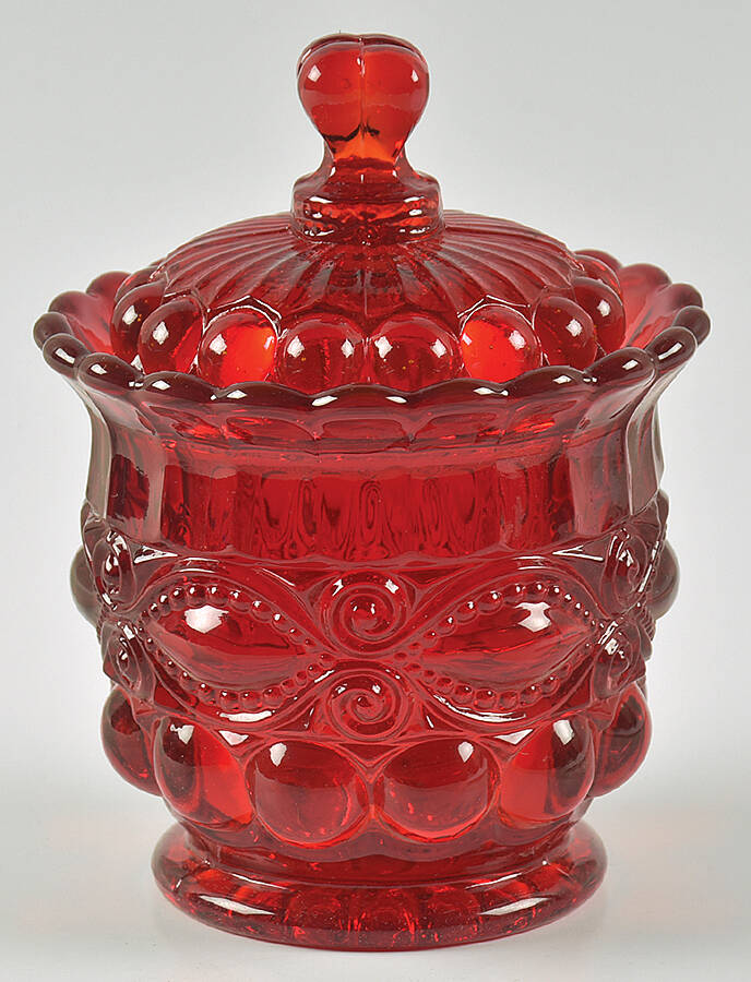 Eye Winker Red Sugar Bowl & Lid by Mosser (Ohio)-1