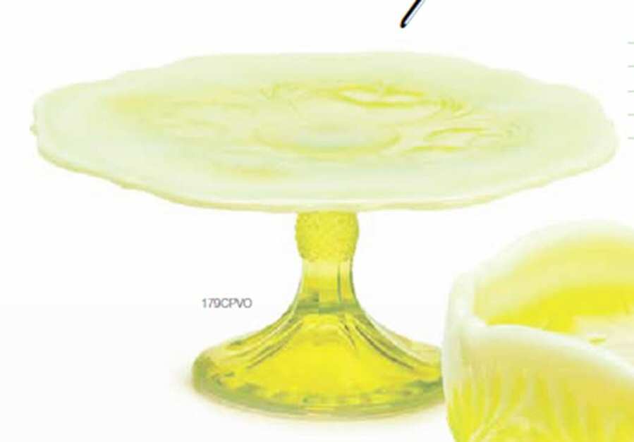 Inverted Thistle Vaseline Opal 8" Diameter Pedestal Cake Stand by Mosser (Ohio)-1