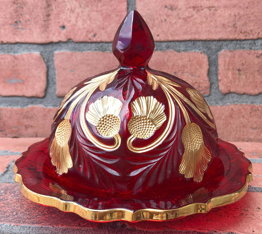 Inverted Thistle Ruby Red Decorated Round Covered Butter by Mosser (Ohio)-1