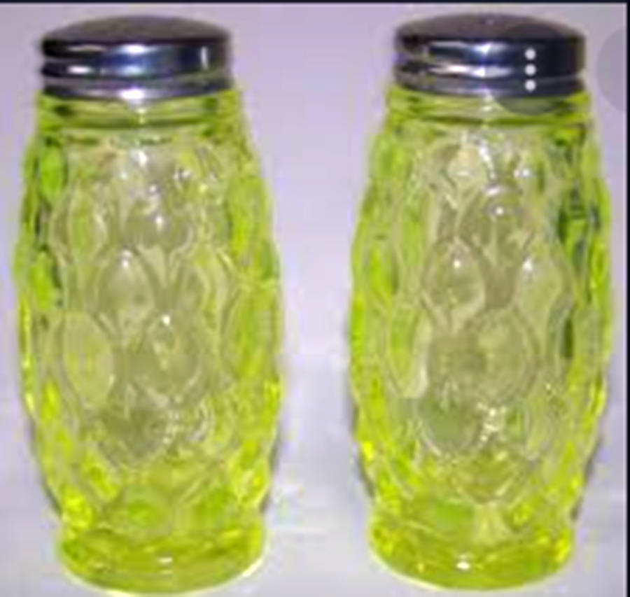 Elizabeth Vaseline Salt and Pepper Set with Glass and Metal Tops by Mosser (Ohio)-1