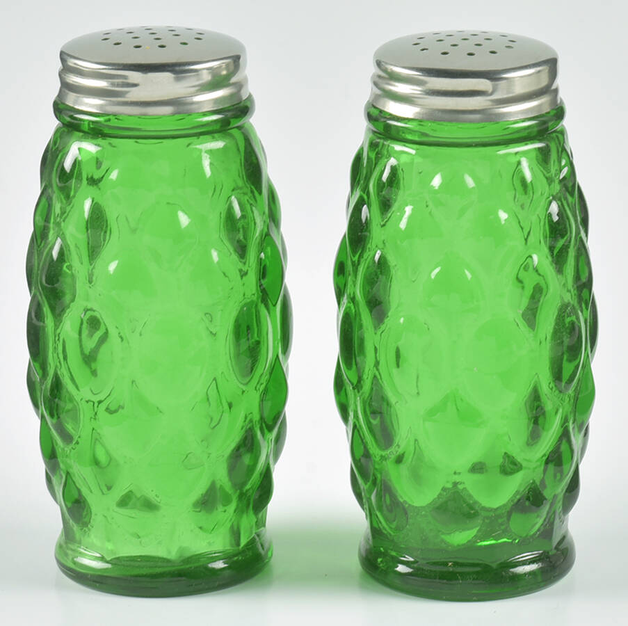 Elizabeth Hunter Green Shaker Set w/Metal Lids by Mosser (Ohio)-1