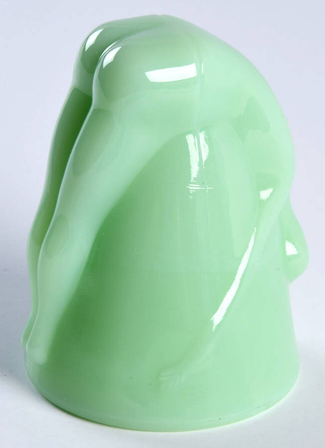 Jadeite Bottoms Up Shot Glass by Mosser (Ohio)-1