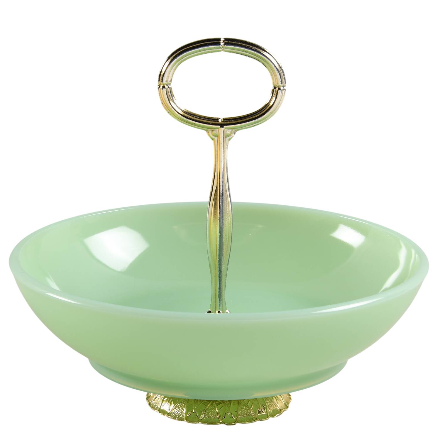 Jadeite Handled Footed Nut Dish HC by Mosser (Ohio)-1
