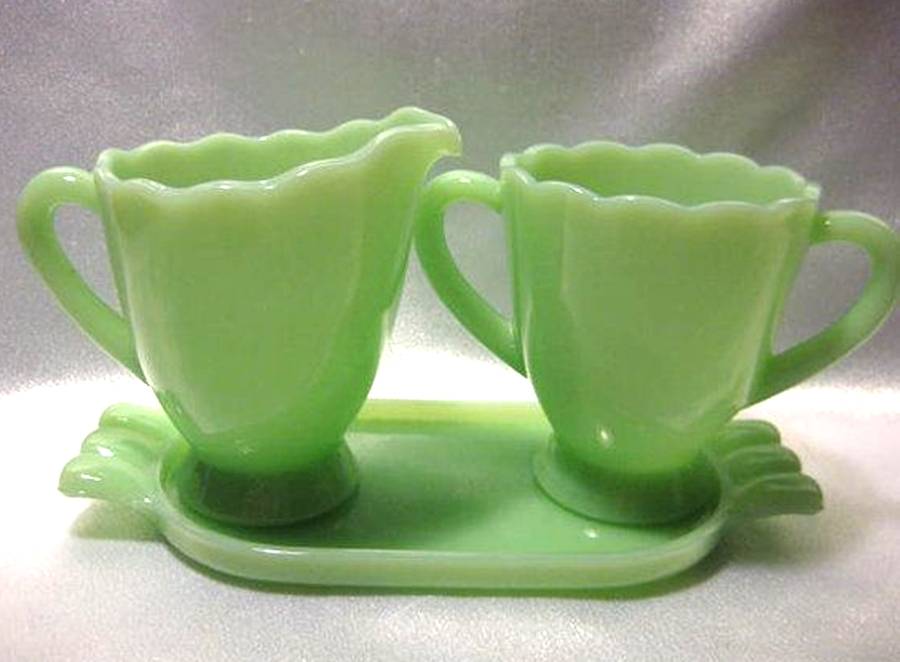 Jadeite Creamer, Sugar and Tray Set by Mosser (Ohio)-1