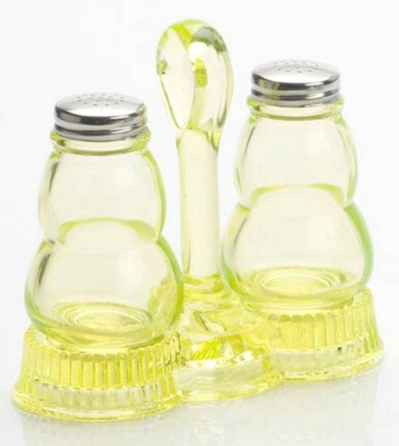 Vaseline Salt and Pepper & Tray Set by Mosser (Ohio)-1
