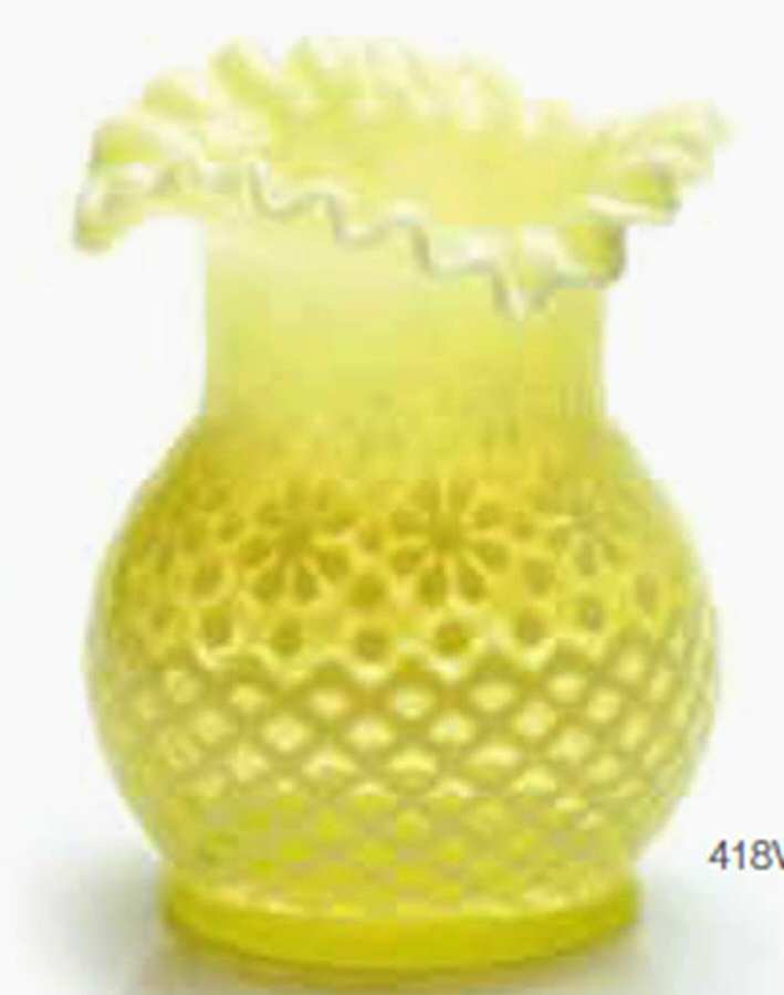 Snowflake Vaseline Opal 6" Flower Vase by Mosser (Ohio)-1