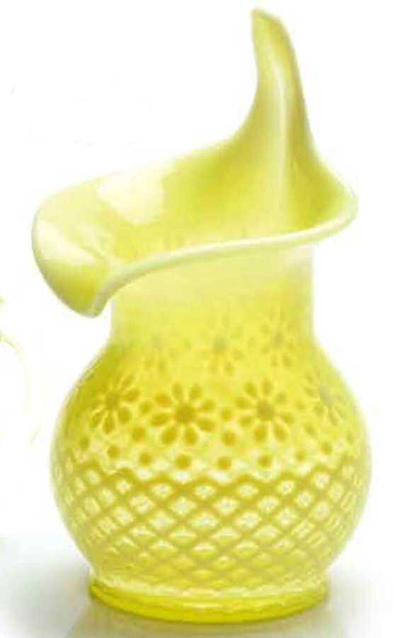 Snowflake Vaseline Opal Vase Pitcher by Mosser (Ohio)-1