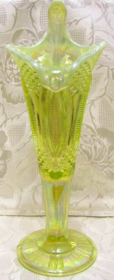 Diamond Classic Vaseline Opal Carnival Jack in the Pulpit Vase by Mosser (Ohio)-1
