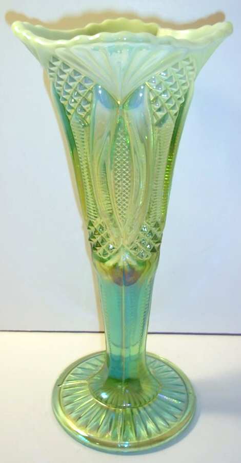 Diamond Classic Green Opal Carnival 10" Bud Vase by Mosser (Ohio)-1