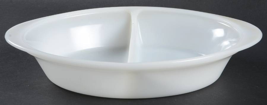 Glasbake Milkglass 12" Oval Divided Baker by McKee-1