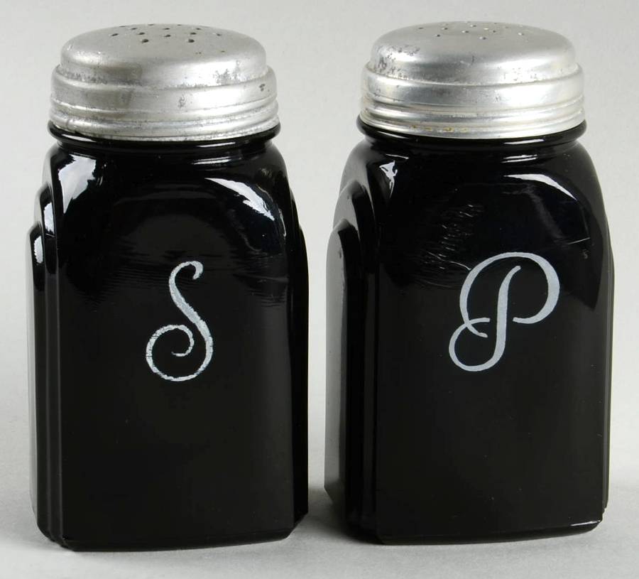 Roman Arch Black Glass Salt and Pepper Set by McKee-1