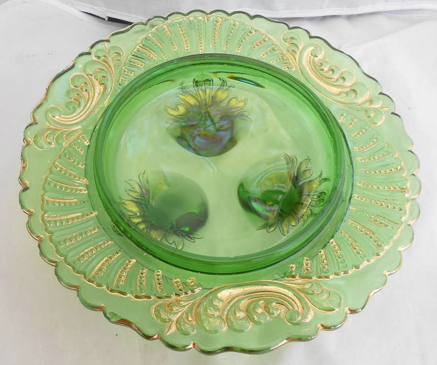 Geneva Green and Gold Round Butter Dish No Lid by McKee-1