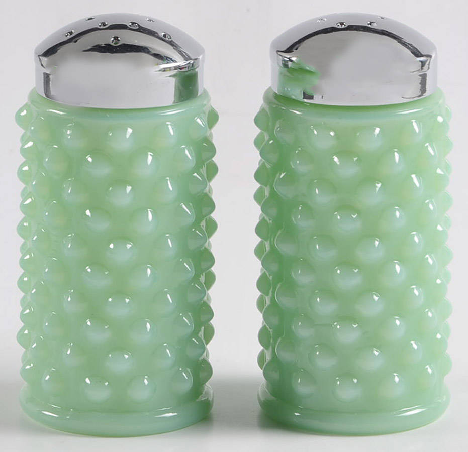 Gigi Jadeite Salt and Pepper Shakers with Metal Lids by Mosser (Ohio)-1