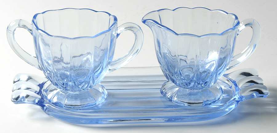 Janice Blue Individual Creamer, Sugar and Tray Set by New Martinsville-1