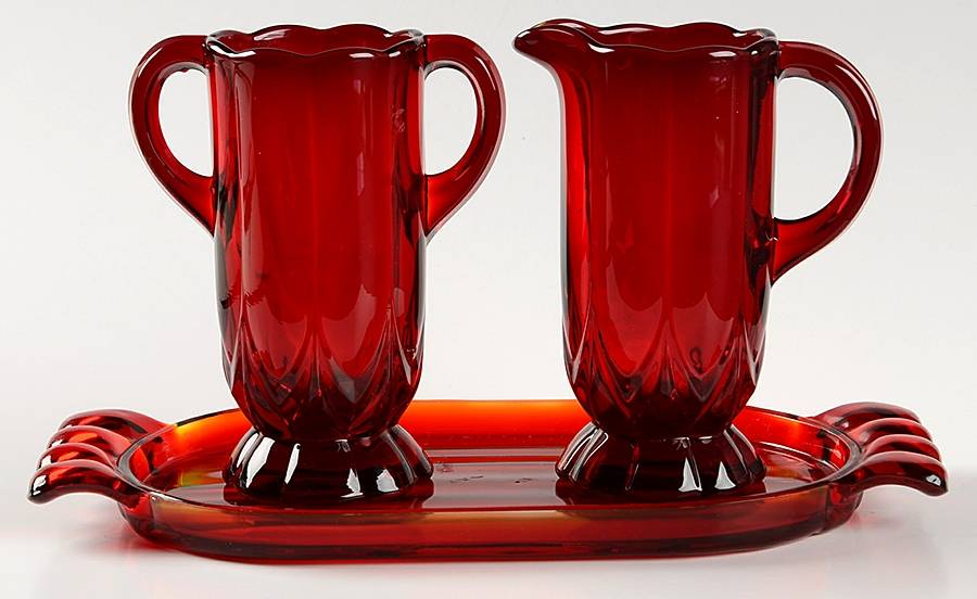 Janice-Ruby Creamer, Sugar and Tray Set by New Martinsville-1