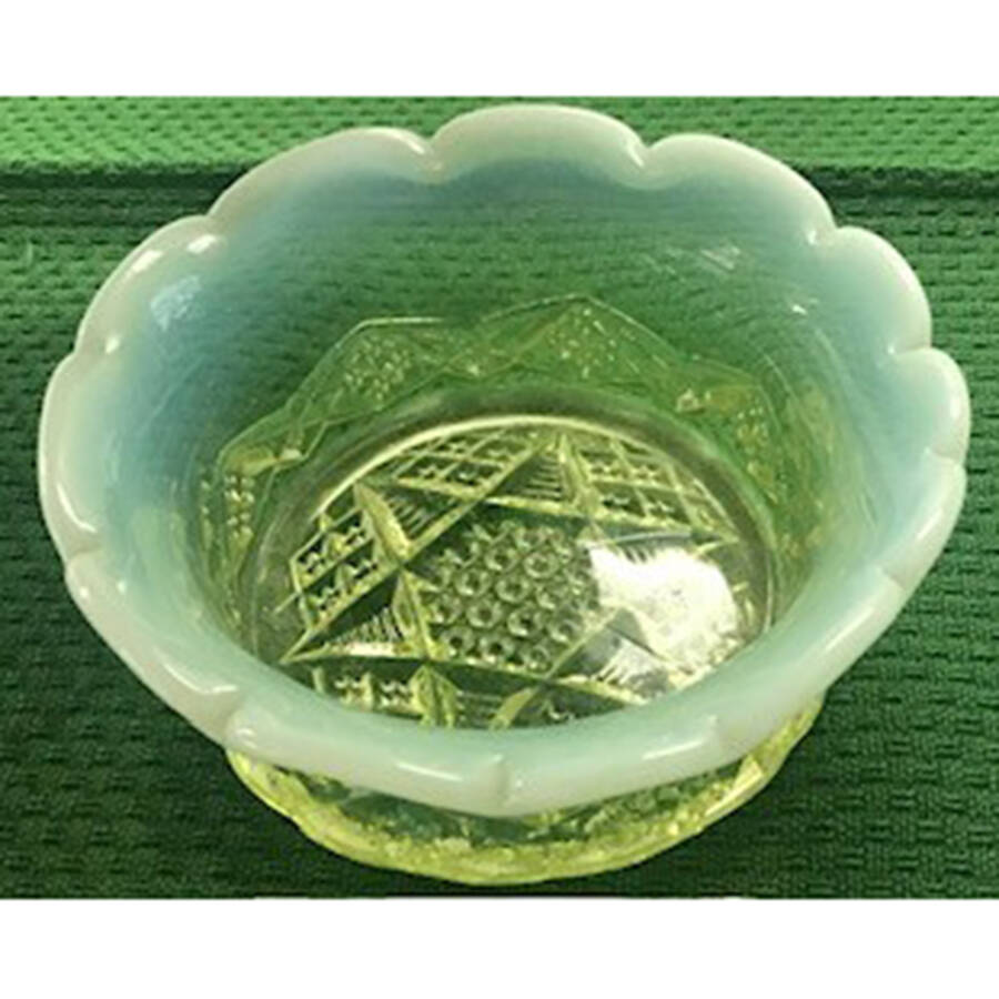 Diamond Spear-Vaseline Opalescent Sauce Dish by Northwood-1