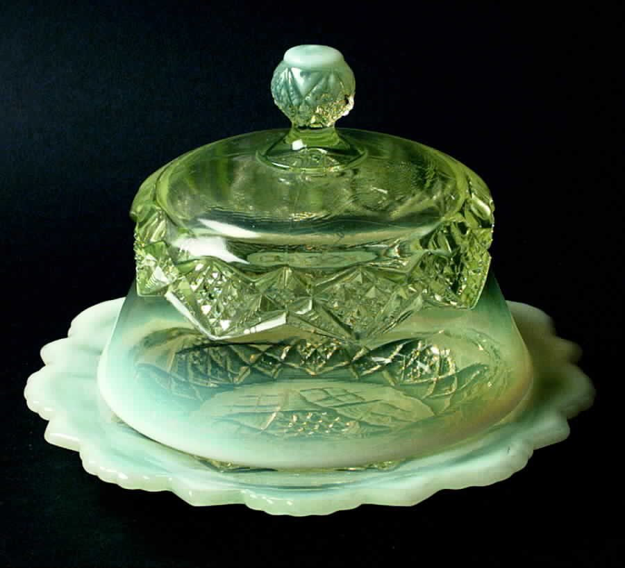 Diamond Spear-Vaseline Opalescent Round Covered Butter by Northwood-1
