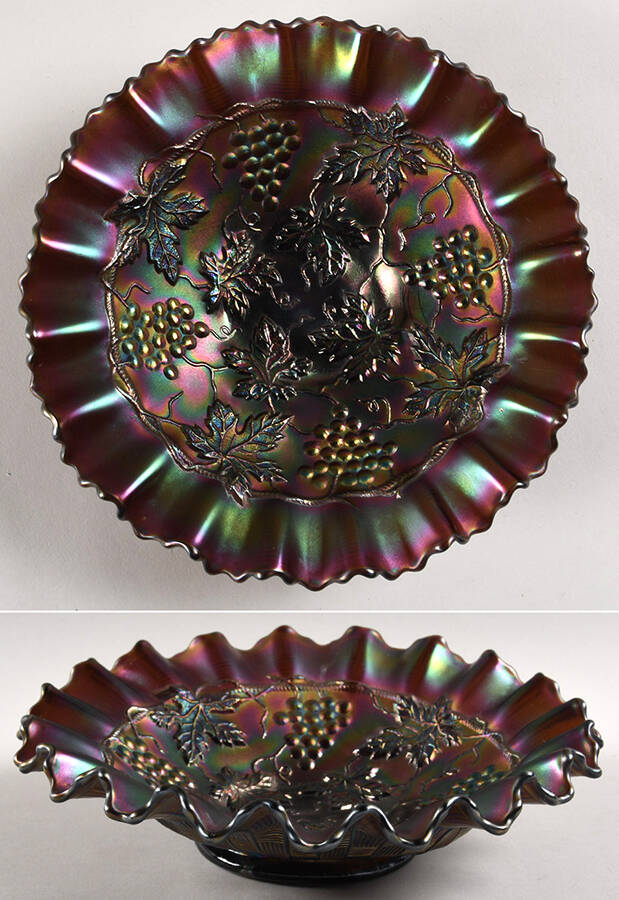 Grape and Cable Amethyst 8" Round Double Crimped Bowl by Northwood-1