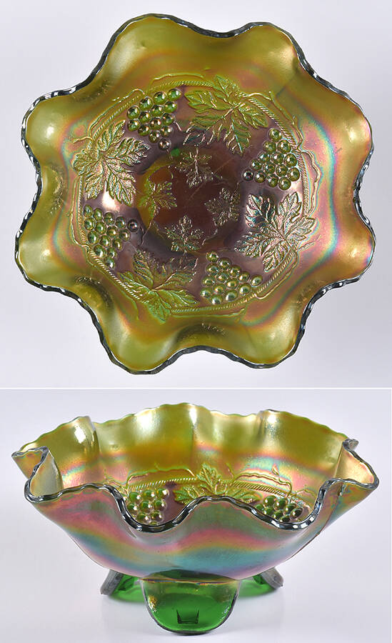Grape and Cable Green Three-Toed Bowl by Northwood-1