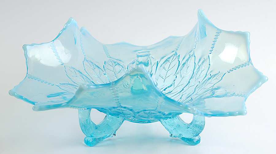 Leaf and Beads-Blue Opalescent 8" 3-Toed Footed Bowl by Northwood-1