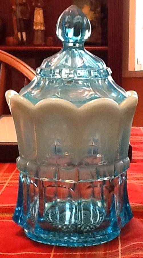 Regal-Blue Opalescent Bowl Has Lip, Sugar Bowl & Lid by Northwood-1
