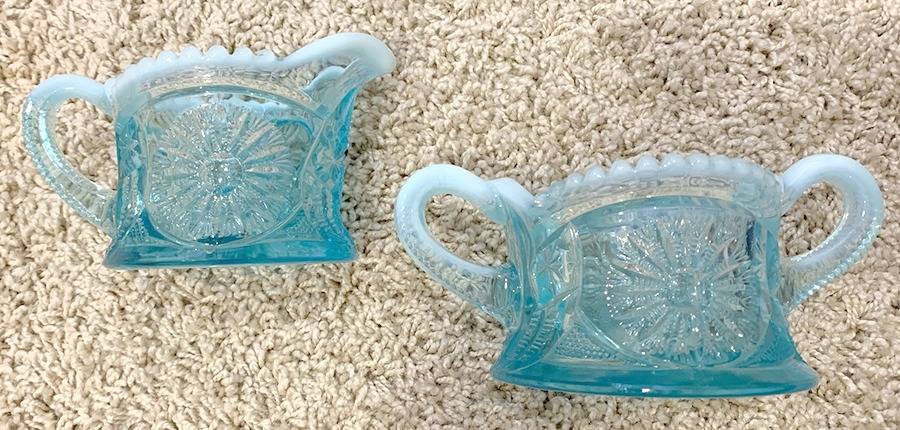 Sunburst On Shield Blue Opalescen Creamer by Northwood-1