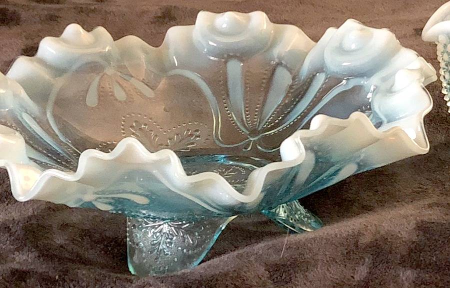 Meander-Blue Opalescent 8" Round 3-Toed Crimped Bowl by Northwood-1