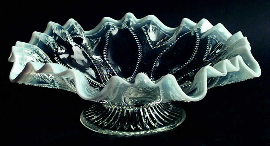 Roulette-White Opalescent 9" Round Crimped Bowl by Northwood-1