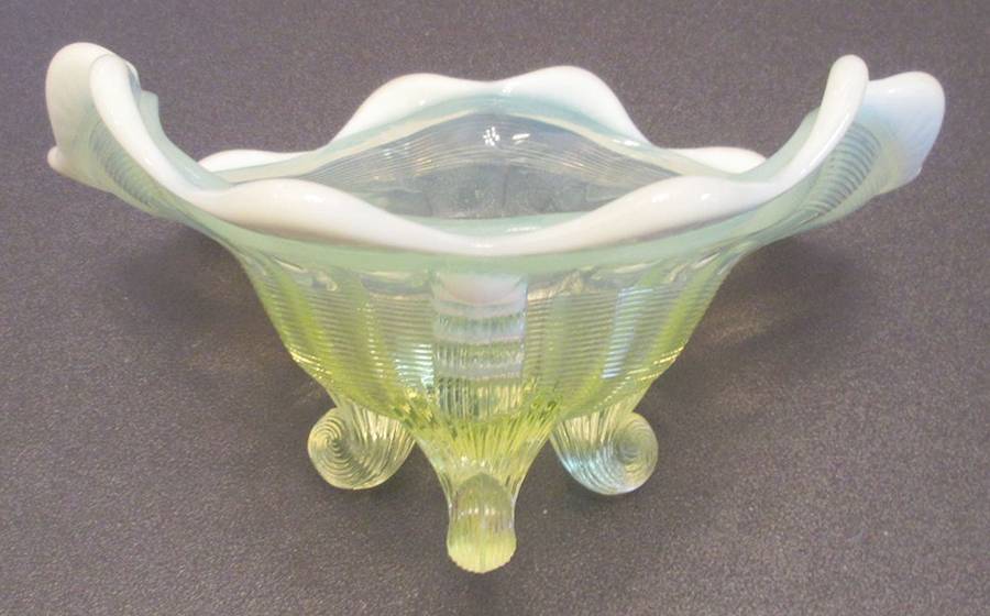 Klondyke-Yellow Opalescent 7" 3-Toed Triangular Bowl by Northwood-1