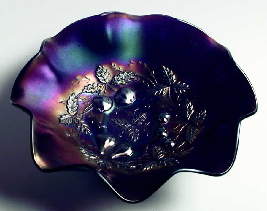 Three Fruits Blue (Carnival) Crimped Bowl by Northwood-1