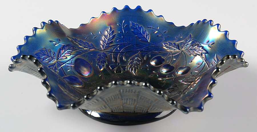Three Fruits Blue (Carnival) Crimped Bowl by Northwood-1