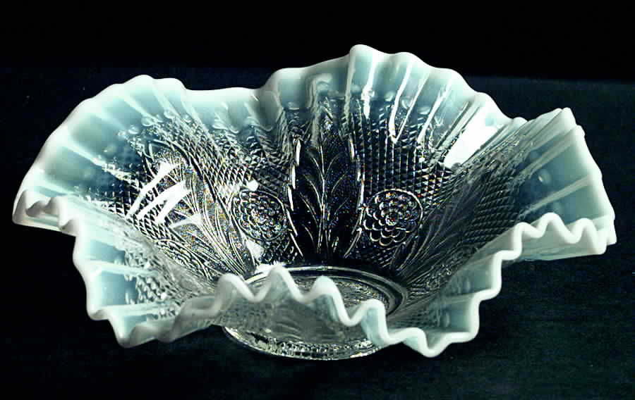 Netted Roses-White Opalescent 8" Round Crimped Bowl by Northwood-1