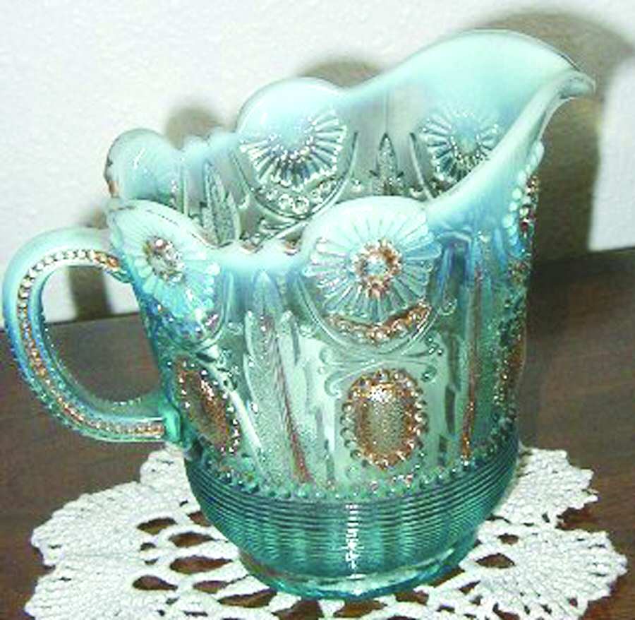 Jewel and Flower Blue Opalescent Creamer by Northwood-1