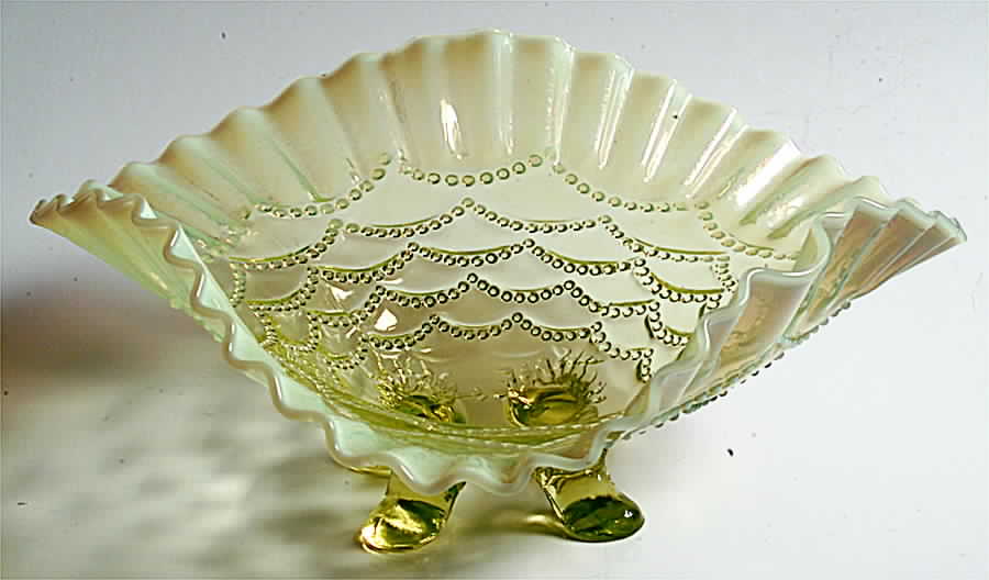 Beaded Drapes-Vaseline Opalescent 8" 4-Toed Footed Bowl by Northwood-1