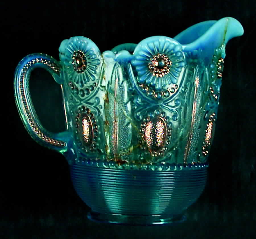 Jewel and Flower Vaseline Blue Pitcher by Northwood-1