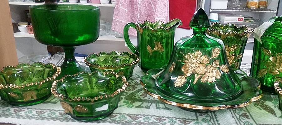 Gold Rose-Green Sugar Bowl & Lid by Northwood-1