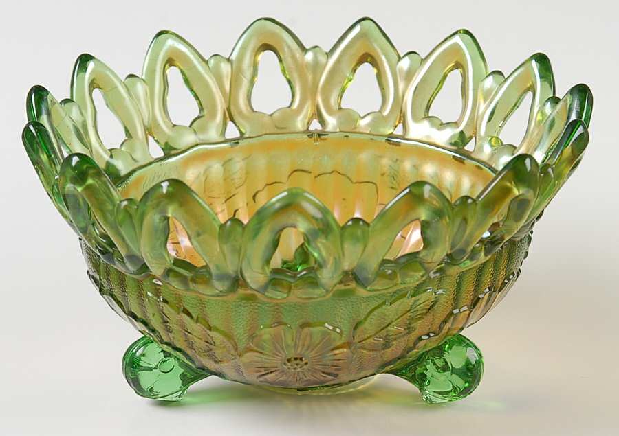 Wild Rose and Shell Green Carnival 6" 3-Toed Footed Bowl by Northwood-1